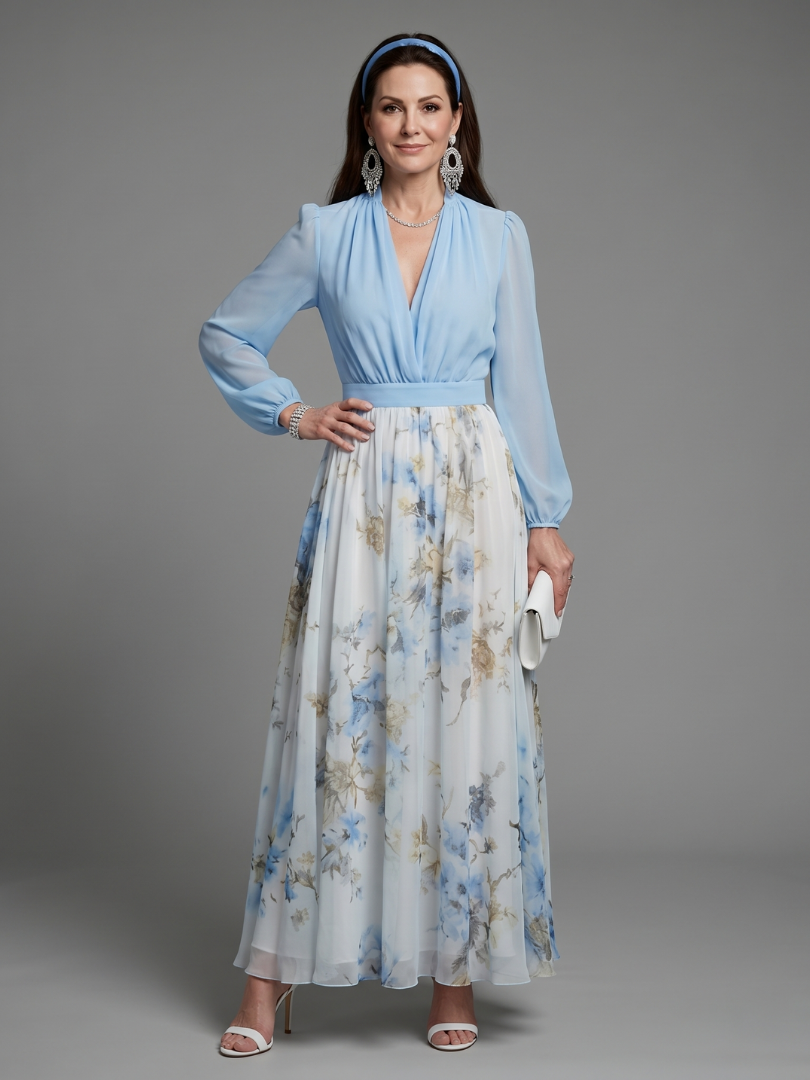 Augusta - V-Neck Sheer Bodice Floral Maxi Dress