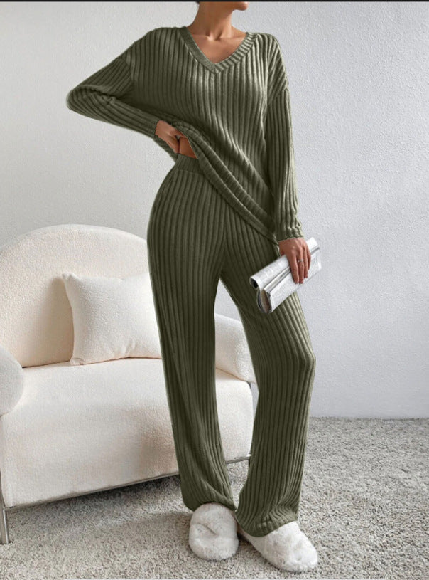 Elise - V-Neck Knit Top & Straight Leg Pants Set